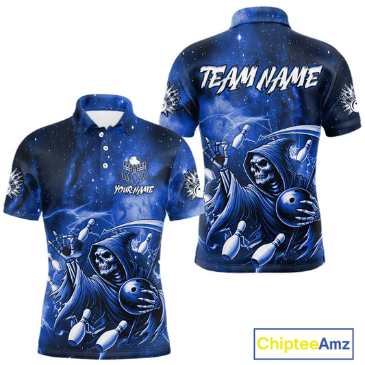 Funny Blue Grim Reaper Galaxy Bowling Shirt For Men Custom Bowling Team Jersey Polo & 1/4 Zip TDM6079