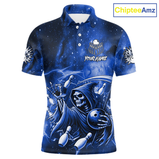 Funny Blue Grim Reaper Galaxy Bowling Shirt For Men Custom Bowling Team Jersey Polo & 1/4 Zip TDM6079