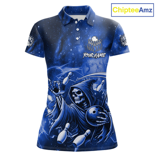 Funny Blue Grim Reaper Galaxy Bowling Shirt For Women Custom Bowling Team Jersey Polo & 1/4 Zip TDM6079