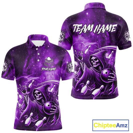 Funny Purple Grim Reaper Galaxy Bowling Shirt For Men Custom Bowling Team Jersey Polo & 1/4 Zip TDM6080