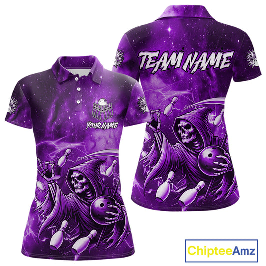 Funny Purple Grim Reaper Galaxy Bowling Shirt For Women Custom Bowling Team Jersey Polo & 1/4 Zip TDM6080