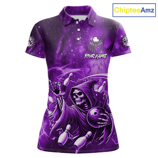 Funny Purple Grim Reaper Galaxy Bowling Shirt For Women Custom Bowling Team Jersey Polo & 1/4 Zip TDM6080