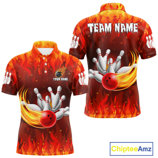 Personalized Flame Red Bowling Shirt For Men Custom Fire Bowling Team Jersey Polo & 1/4 Zip TDM6089