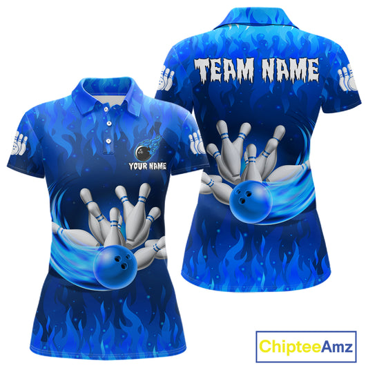 Personalized Flame Blue Bowling Shirt For Women Custom Fire Bowling Team Jersey Polo & 1/4 Zip TDM6090