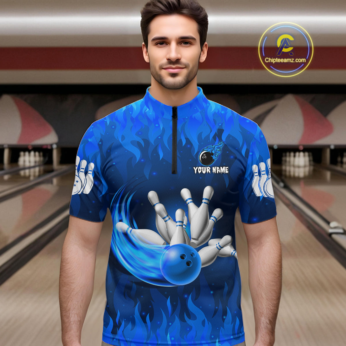 Personalized Flame Blue Bowling Shirt For Men Custom Fire Bowling Team Jersey Polo & 1/4 Zip TDM6090