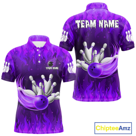 Personalized Flame Purple Bowling Shirt For Men Custom Fire Bowling Team Jersey Polo & 1/4 Zip TDM6091
