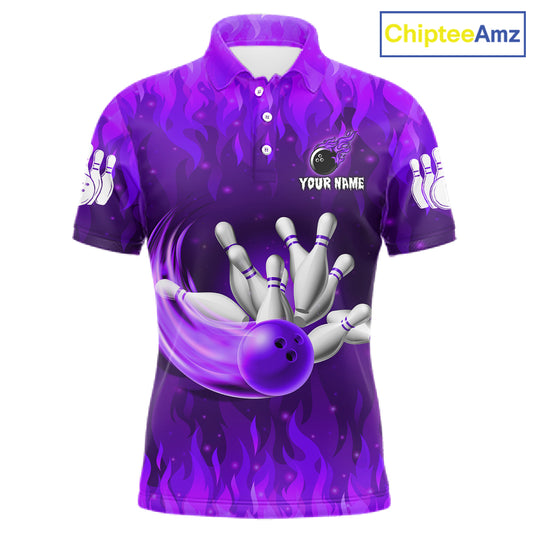Personalized Flame Purple Bowling Shirt For Men Custom Fire Bowling Team Jersey Polo & 1/4 Zip TDM6091