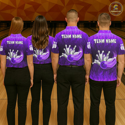 Personalized Flame Purple Bowling Shirt For Men Custom Fire Bowling Team Jersey Polo & 1/4 Zip TDM6091