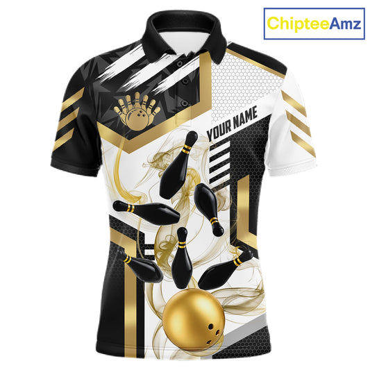 Custom Smoke Bowling Pins Polo & Quarter Zip Shirt For Men, Bowling League Team Jersey |Gold TDM6521