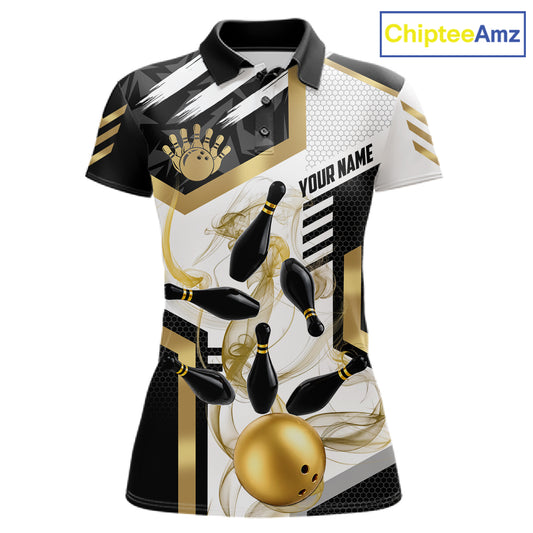 Custom Smoke Bowling Pins Polo & Quarter Zip Shirt For Women, Bowling League Team Jersey |Gold TDM6521