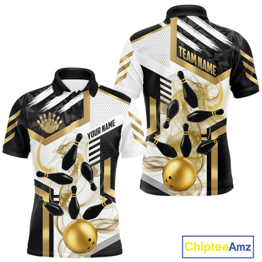 Custom Smoke Bowling Pins Polo & Quarter Zip Shirt For Men, Bowling League Team Jersey |Gold TDM6521