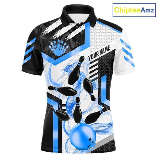 Custom Smoke Bowling Pins Polo & Quarter Zip Shirt For Men, Bowling League Team Jersey |Blue TDM6522