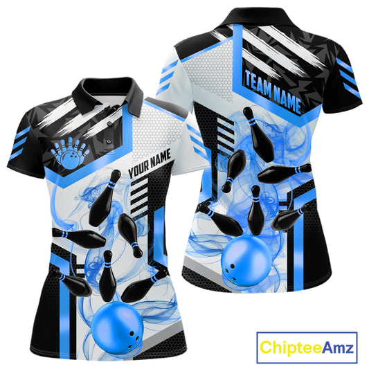 Custom Smoke Bowling Pins Polo & Quarter Zip Shirt For Women, Bowling League Team Jersey |Blue TDM6522