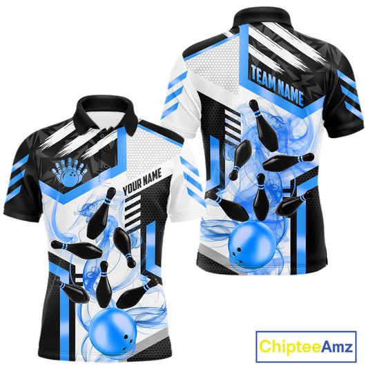 Custom Smoke Bowling Pins Polo & Quarter Zip Shirt For Men, Bowling League Team Jersey |Blue TDM6522
