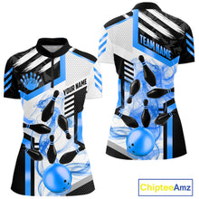 Load image into Gallery viewer, Custom Smoke Bowling Pins Polo &amp; Quarter Zip Shirt For Women, Bowling League Team Jersey |Blue TDM6522