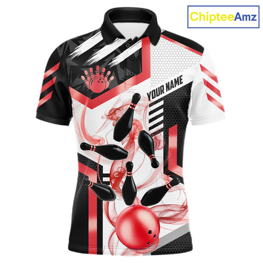 Custom Smoke Bowling Pins Polo & Quarter Zip Shirt For Men, Bowling League Team Jersey |Red TDM6523