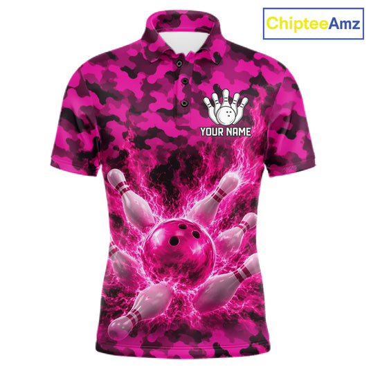Custom Pink Camo Lightning Flame Bowling Jersey For Men, Bowling Team Shirts Polo & 1/4 Zip TDM6524