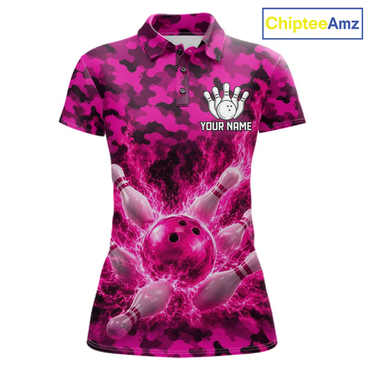 Custom Pink Camo Lightning Flame Bowling Jersey For Women, Bowling Team Shirts Polo & 1/4 Zip TDM6524