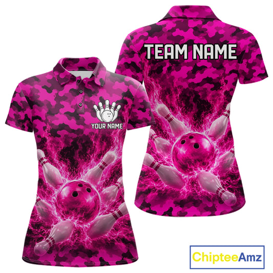 Custom Pink Camo Lightning Flame Bowling Jersey For Women, Bowling Team Shirts Polo & 1/4 Zip TDM6524