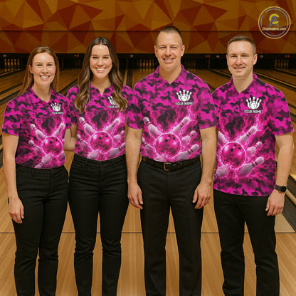 Custom Pink Camo Lightning Flame Bowling Jersey For Women, Bowling Team Shirts Polo & 1/4 Zip TDM6524