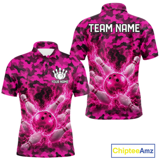 Custom Pink Camo Lightning Flame Bowling Jersey For Men, Bowling Team Shirts Polo & 1/4 Zip TDM6524