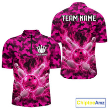 Load image into Gallery viewer, Custom Pink Camo Lightning Flame Bowling Jersey For Men, Bowling Team Shirts Polo &amp; 1/4 Zip TDM6524