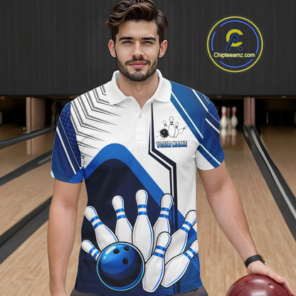 Custom White And Blue Bowling Ball Polo & Quarter Zip For Men, Bowling Team Shirts, Bowling Jersey TDM6525