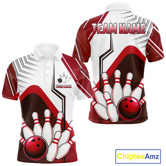 Custom White And Red Bowling Ball Polo & Quarter Zip For Men, Bowling Team Shirts, Bowling Jersey TDM6526
