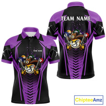Load image into Gallery viewer, Purple 9 ball cowboy billiard polo shirt for men with funny pool team graphics.