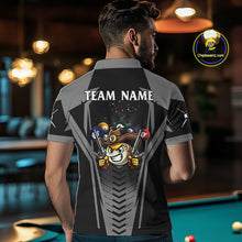 Load image into Gallery viewer, Back view of man wearing a grey 9 ball cowboy pool shirt in a billiards hall.