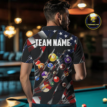 Load image into Gallery viewer, Back view of man wearing an American flag 8 ball pool billiard shirt in a billiards hall.
