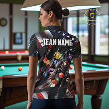 Load image into Gallery viewer, Back view of woman wearing an American flag 8 ball pool billiard shirt in a billiards hall.