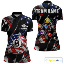 Load image into Gallery viewer, American flag 8 ball pool billiard quarter zip shirt for women designed for league tournaments and team events.