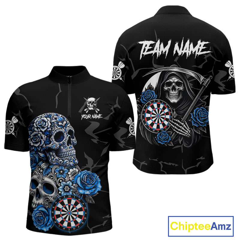 Personalized Blue Funny Skull Roses Darts Shirt For Men Custom Darts Team Jersey, Darts Outfit TDM4355