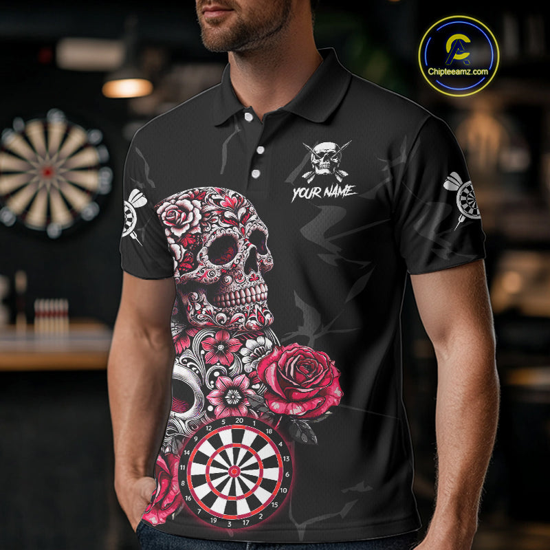 Personalized Red Funny Skull Roses Darts Shirt For Men Custom Darts Team Jersey, Darts Outfit TDM4356