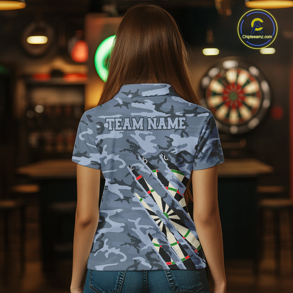 Woman wearing personalized blue military camo darts league team jersey polo shirt featuring blue military camouflage artwork, back view.