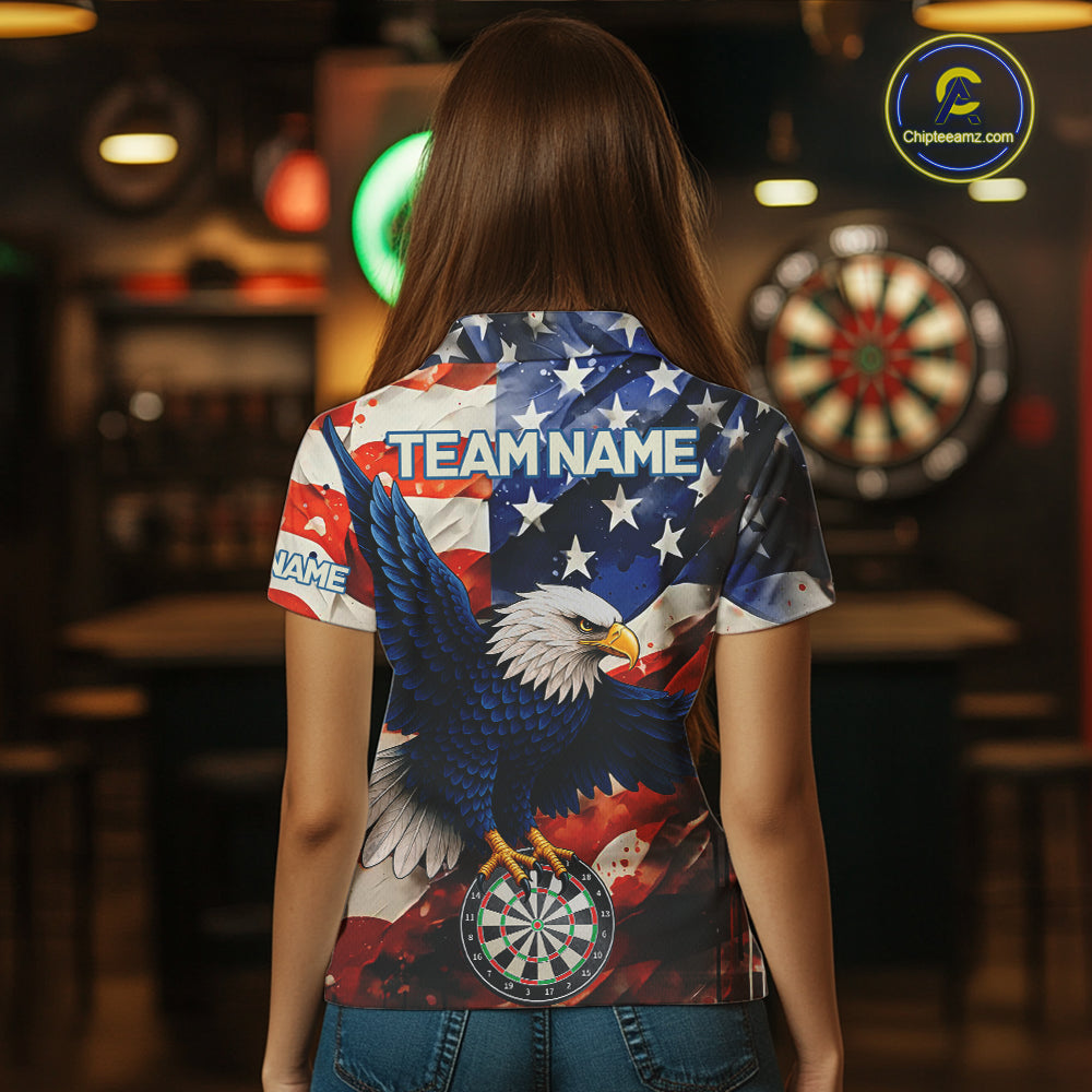 Woman wearing personalized American flag eagle darts team jersey polo shirt featuring patriotic eagle artwork, back view.