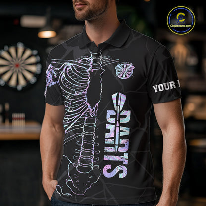 Man wearing personalized holographic funny skeleton darts team jersey polo shirt featuring holographic skeleton artwork, front view.