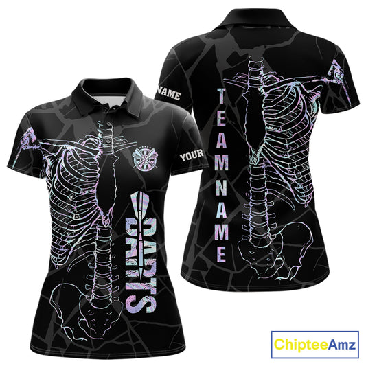 Personalized holographic funny skeleton darts team jersey polo shirt for women featuring vibrant holographic skeleton artwork, premium custom darts league apparel and unique darts gifts.