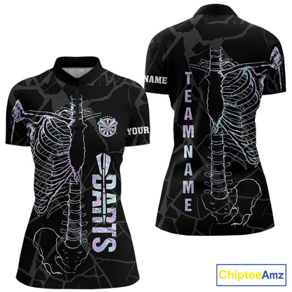 Personalized holographic funny skeleton darts team jersey quarter zip shirt for women featuring colorful holographic skeleton graphics, premium custom darts apparel.