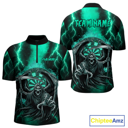 Personalized Turquoise Grim Reaper Thunder Lightning Darts Shirt For Men, 3D Darts Team Jerseys TDM4589