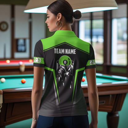 Black And Green 8 Ball Pool Billiard Jerseys For Women Custom Polo & Quarter Zip Billiard Team Shirts TDM3436