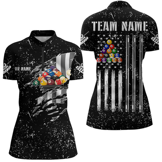 Personalized Black Grunge US Flag Billiard Balls Polo, 1/4 Zip For Women, 8 Ball Pool Billiard Jersey TDM3573