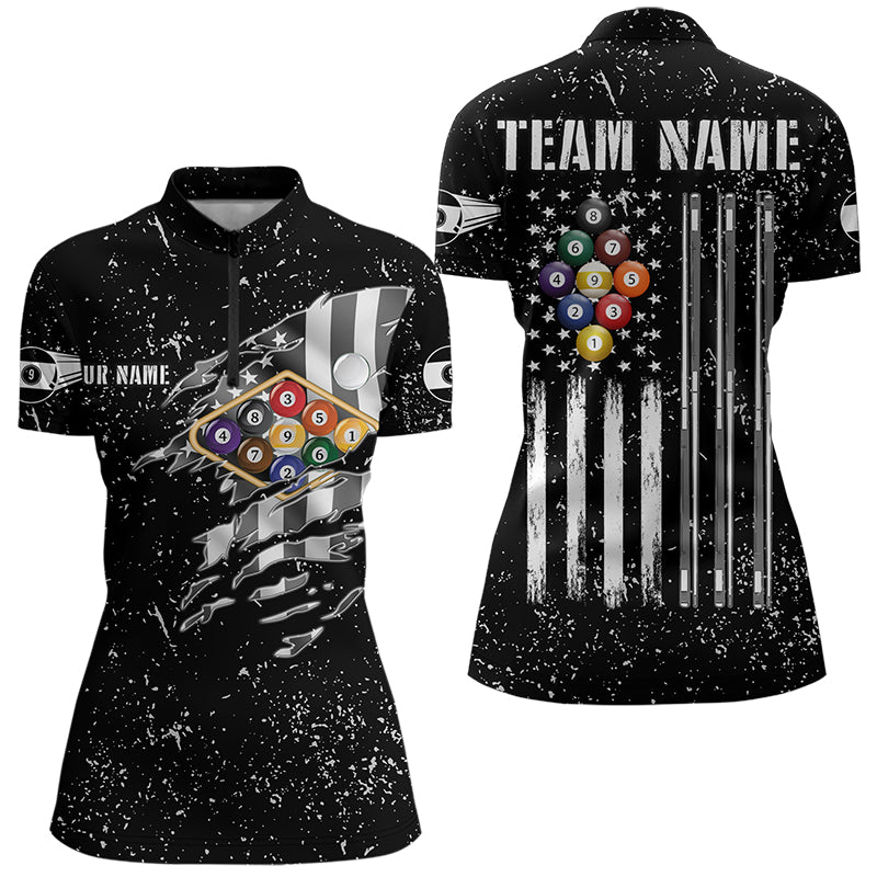 Personalized Black Grunge US Flag Billiard Balls Polo, 1/4 Zip For Women, 9 Ball Pool Billiard Jersey TDM3574