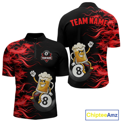 Red Flaming Funny Beer 8 Ball Billiard Shirt For Men Custom Pool Team Jersey Polo & 1/4 Zip TDM5936