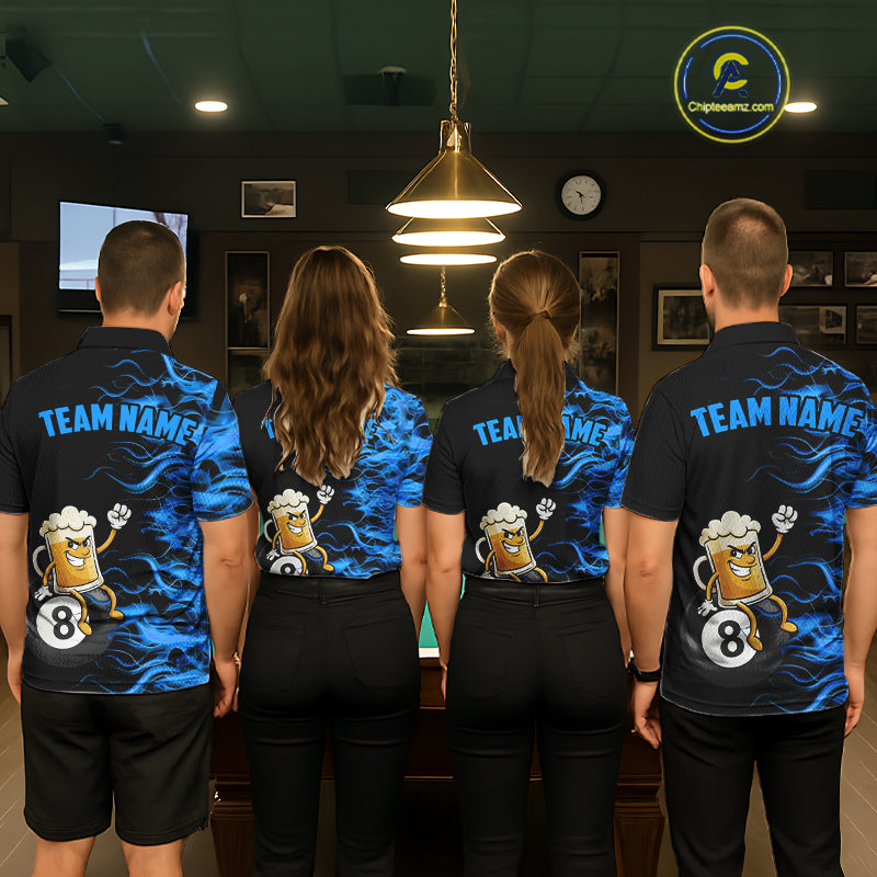 Blue Flaming Funny Beer 8 Ball Billiard Shirt For Women Custom Pool Team Jersey Polo & 1/4 Zip TDM5937