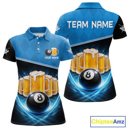 Black And Blue Funny Beer 8 Ball Billiard Jersey For Women Custom Pool Team Shirt Polo & 1/4 Zip TDM5942