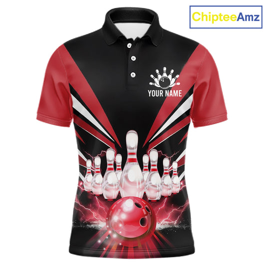 Black And Red Bowling Jersey For Men Custom Strike Lightning Bowling Team Jersey Polo & 1/4 Zip TDM6357
