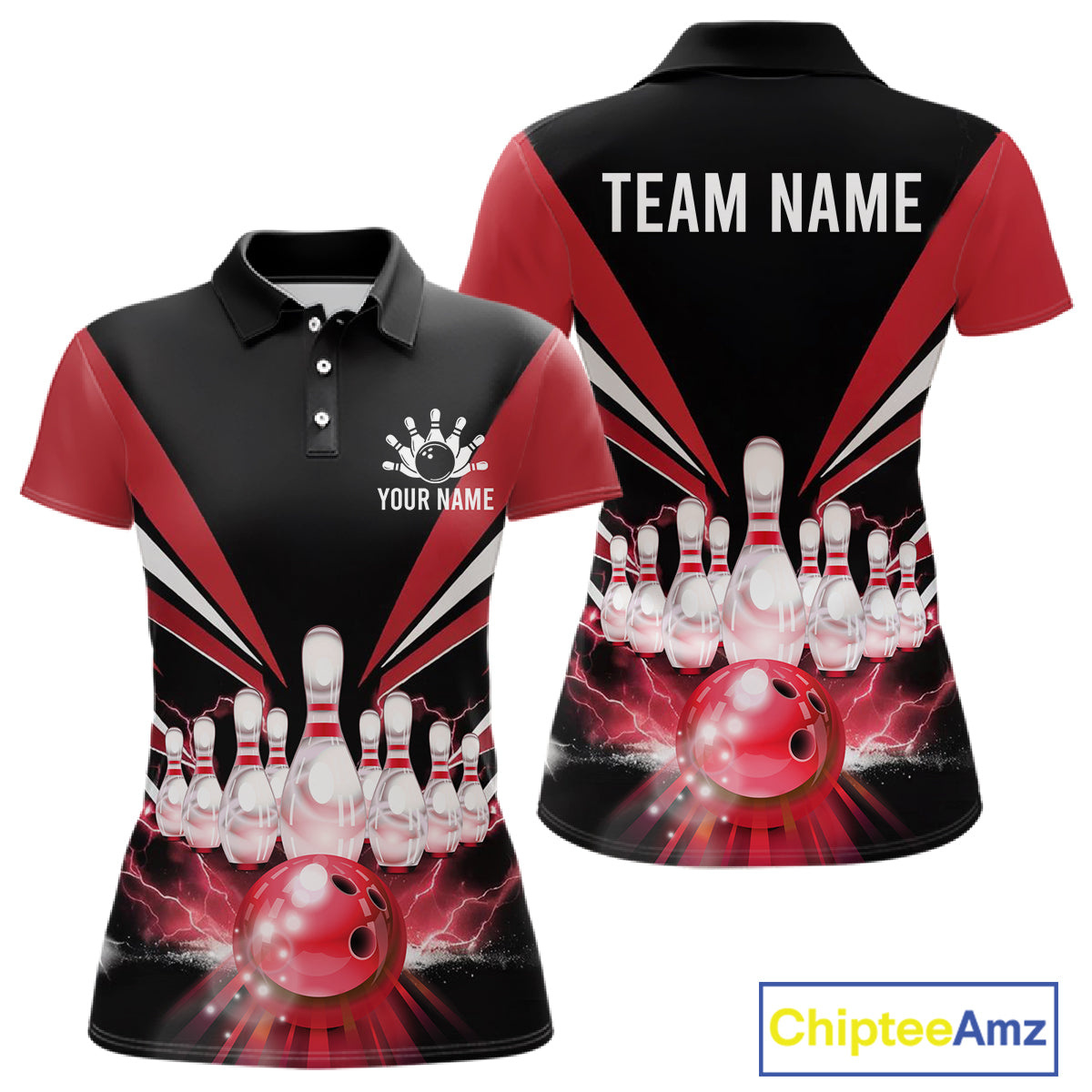 Black And Red Bowling Jersey For Women Custom Strike Lightning Bowling Team Jersey Polo & 1/4 Zip TDM6357