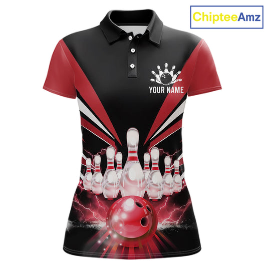 Black And Red Bowling Jersey For Women Custom Strike Lightning Bowling Team Jersey Polo & 1/4 Zip TDM6357